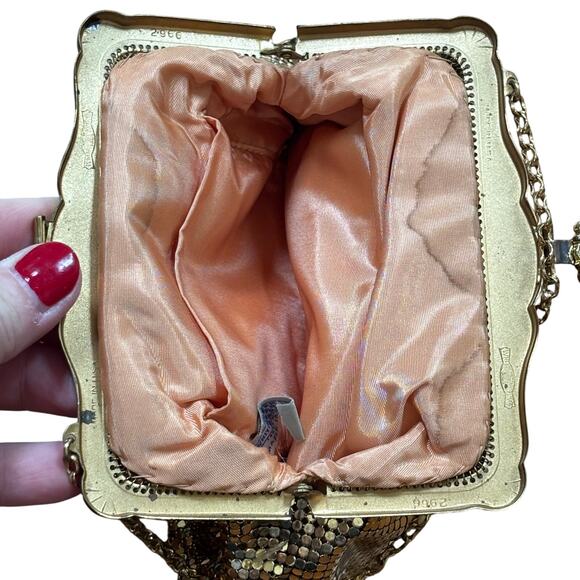 Vintage Whiting & Davis gold mesh evening bag top handle clutch rhinestone clasp - Picture 11 of 13